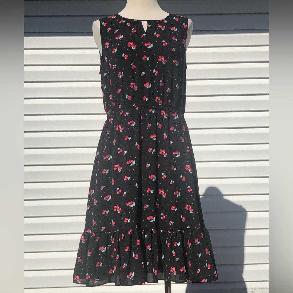 Talbots Size 12 Petite Sleeveless Cherries Black Dress